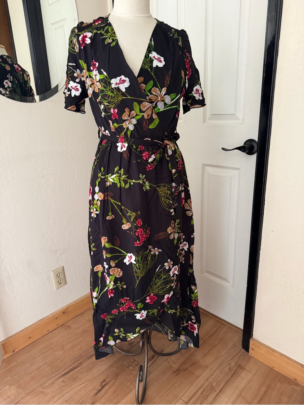Floral Wrap Midi Dress in Black with Green and Pink Accents